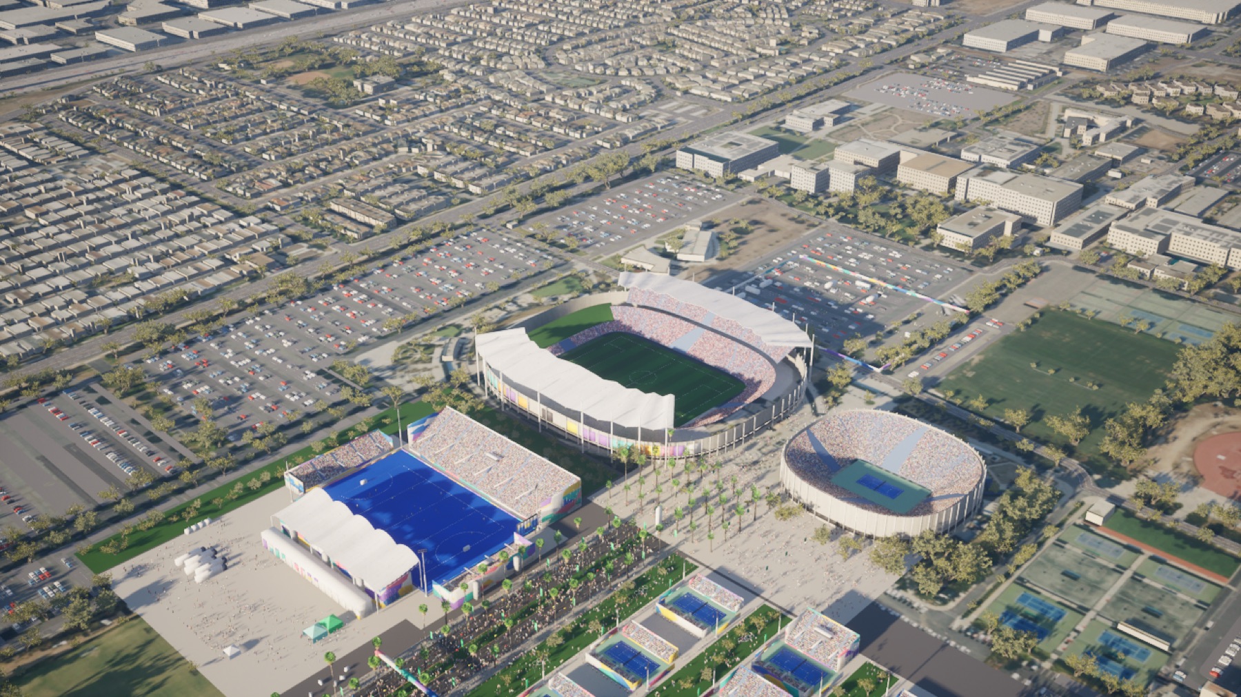 Aerial view of a 3D model of a stadium district with surrounding streets, parking and neighbourhoods
